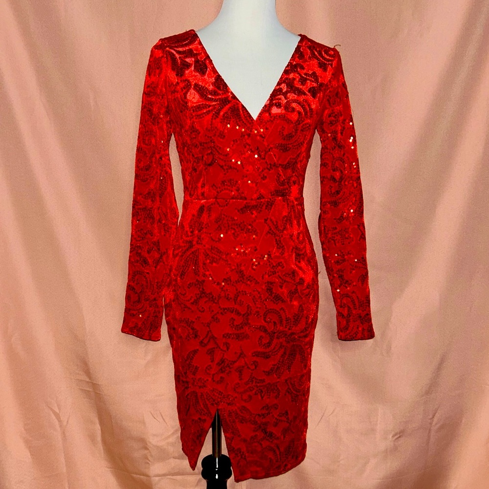 Red sequined v neck formal dress